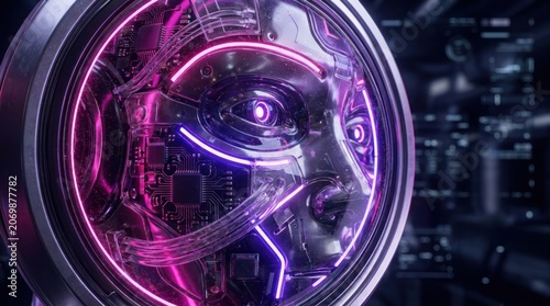Futuristic robot face illuminated with neon lights against a dark backdrop
