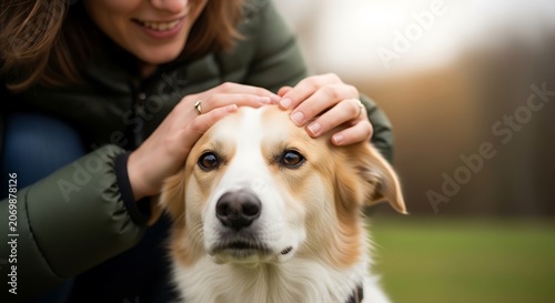 Woman Petting Dog Outdoors.