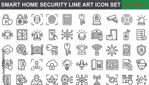 Foto Smart home security line art icon set