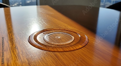 Wooden table with circle design.