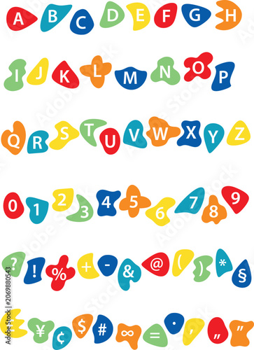 set of alphabet letters, numbers and symbols cut out for scrap booking, color vector scrapbook collection isolated on transparent background
