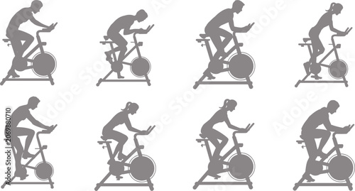 Fotografie Flat Vector Silhouette People Cycling Stationary Bike Gym Fitness Exercise Worko