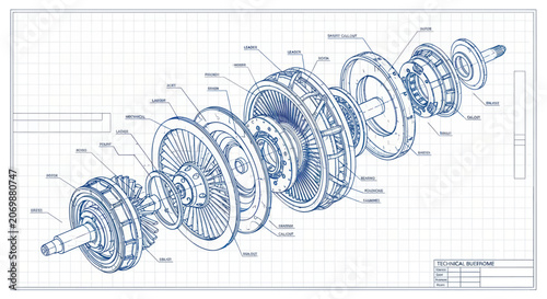 Slika na platnu Exploded view blueprint of an automatic transmission torque converter