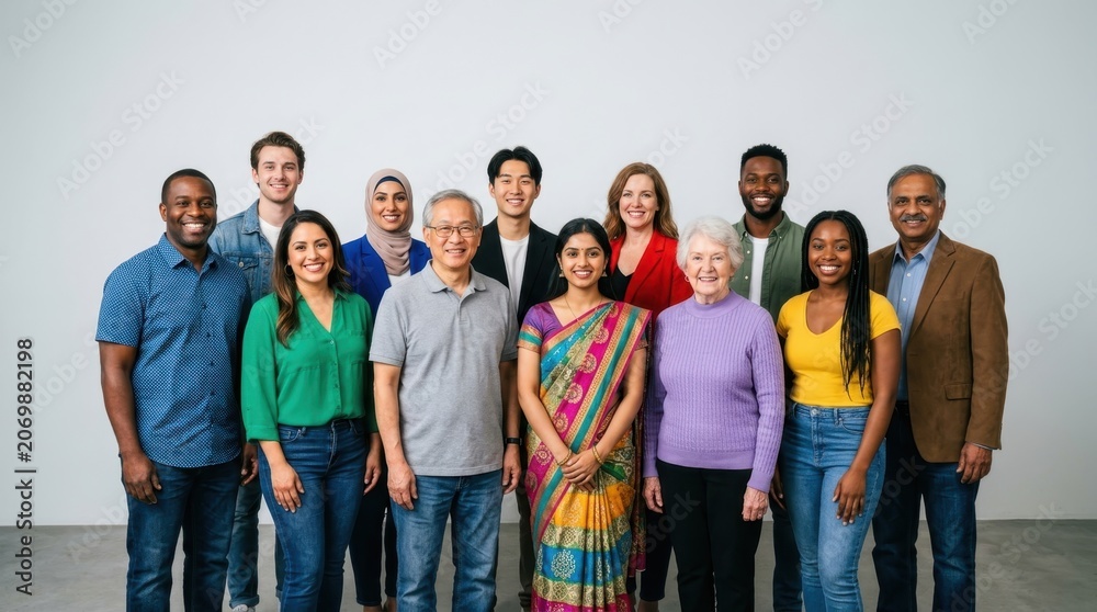 Fototapeta premium Diverse group of people from various backgrounds smiling together in a studio portrait showcasing unity and inclusion.
