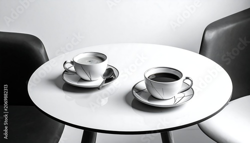 A stark grayscale image of two coffee cups with saucers atop a round, glossy white table, nestled between two simple armchairs