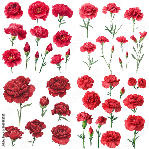 Detailed Collection of Vibrant Red Carnations in Various Stages