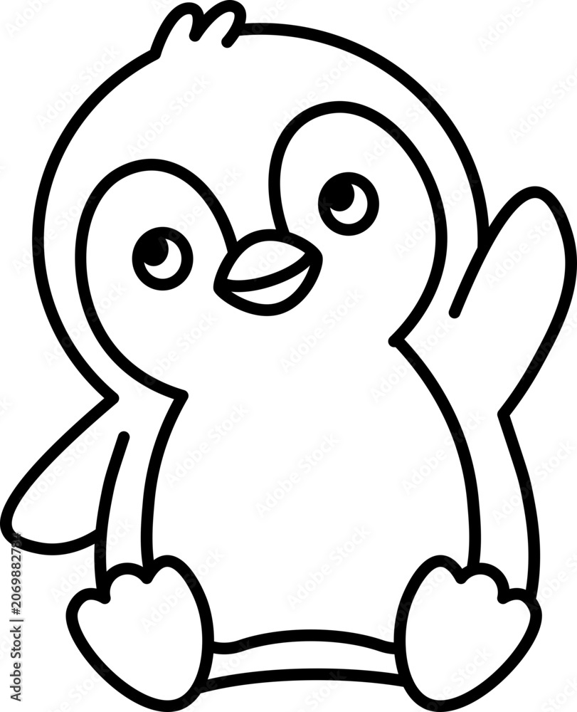 Obraz premium Cute Penguin is sitting and Waving Hand Illustration vector outline