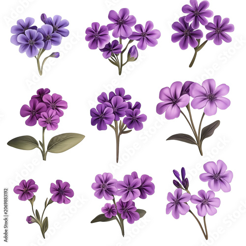 Nine Delicate Purple Flower Clusters Botanical Illustration
