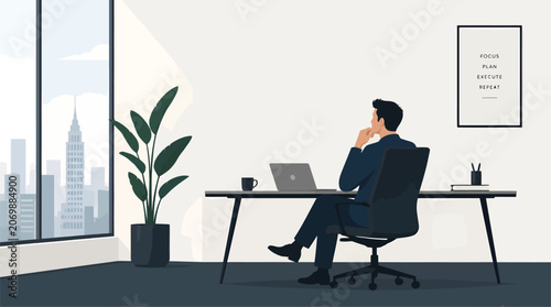 Photos Businessman sitting at desk in modern office looking out window at city skyline, contemplating future, professional work environment, career succes