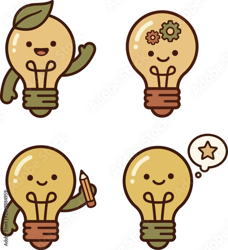 A set of cute light bulb characters with smiling faces and various creative actions