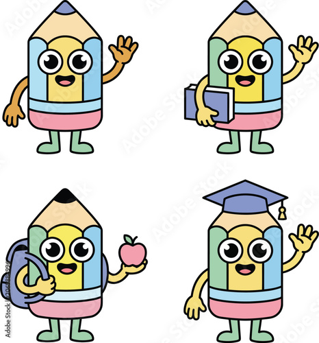 Pencil characters engage in educational activities with books and graduation gear