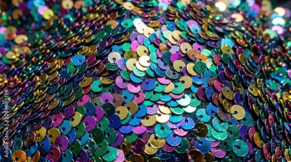 Obraz premium Iridescent Sequin Fabric Texture Background Featuring Vibrant Multi Colored Shimmering Discs for Fashion Design and Festive Celebration Projects