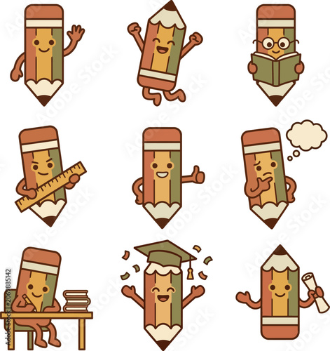 Pencil mascots are depicted in various educational poses and activities