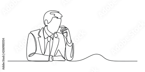 Continuous line drawing of a businessman thinking at desk