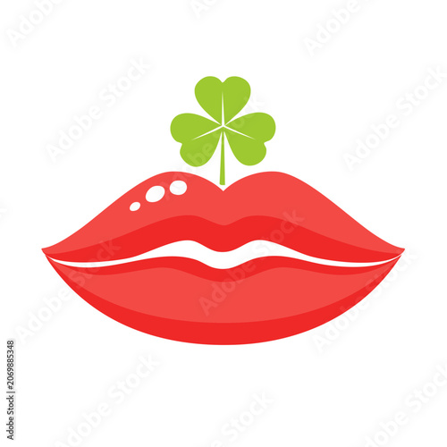 Red lips with green shamrock vector illustration