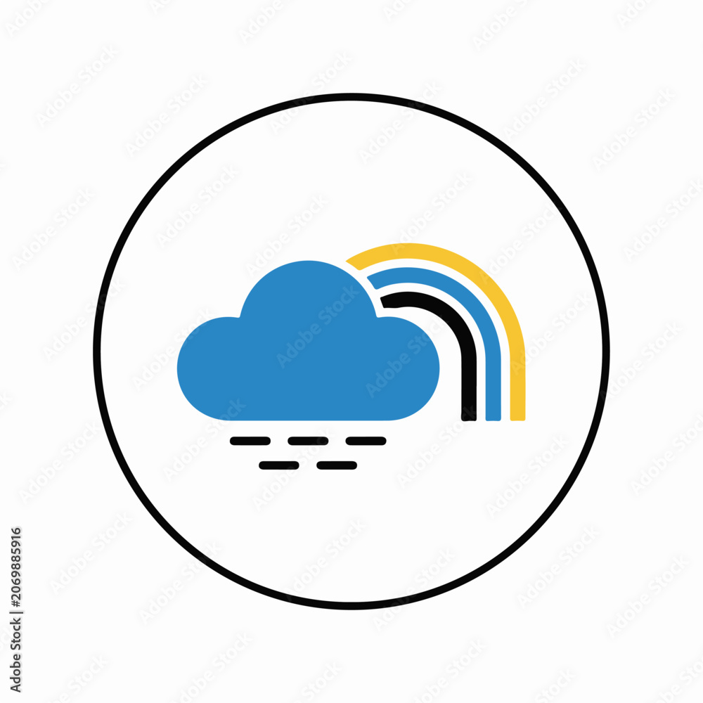 Fototapeta premium Minimalist vector icon featuring a blue fluffy cloud with light rain and a colourful yellow rainbow arc enclosed within a clean black circular frame isolated on a white background design.
