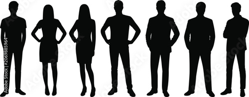 Foto Seven standing people silhouettes in casual and business attire, flat vector