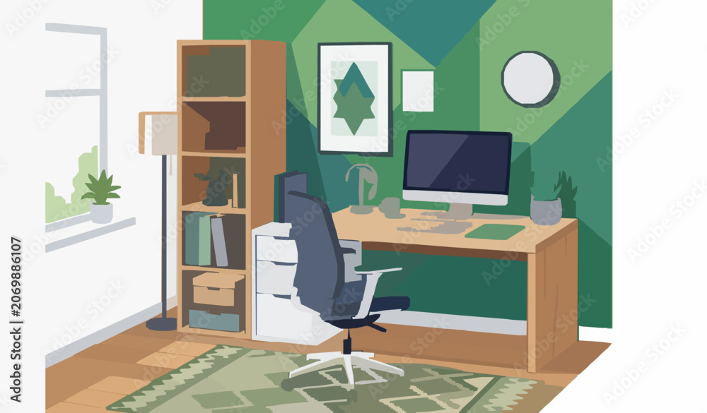 Fototapeta premium Modern Home Office Workspace Vector Illustration for Remote Work and Online Study