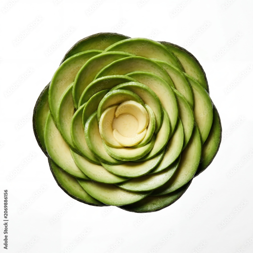 Obraz premium Deconstructed avocado rose floating in mid air from top view flat lay. Clean background with copy space for text.