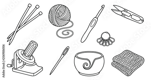 Cuadro en lienzo Knitting and crochet tools line art collection, 8 black and white hobby icons, y