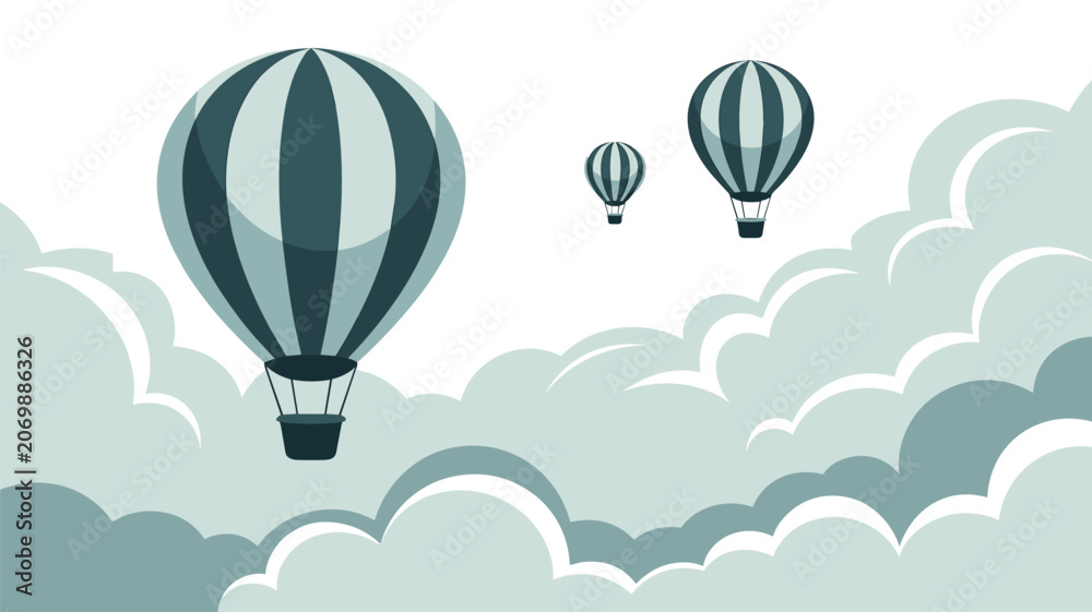 Obraz premium Three hot air balloons floating through soft white and blue clouds in a peaceful sky during a calm day journey.