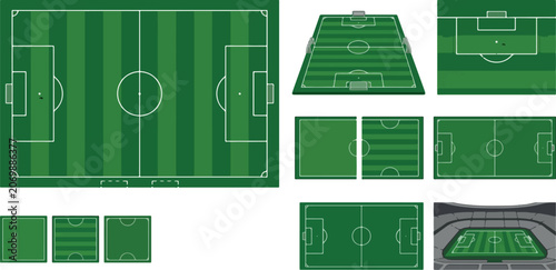 Soccer field layouts show various match views.