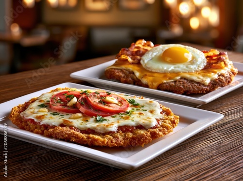 Gourmet Pizza with Crispy Crust and Fried Egg, Fresh Tomatoes, Bacon and Cheese on Wooden Table for Savory Brunch