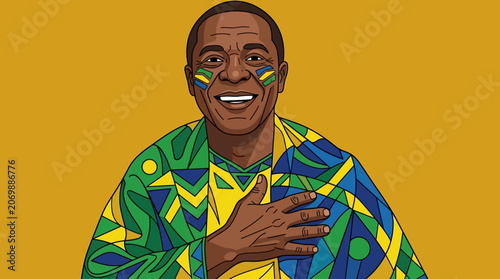 gabonese fan black man smiling with national pride hand on heart celebrating african culture and sports.