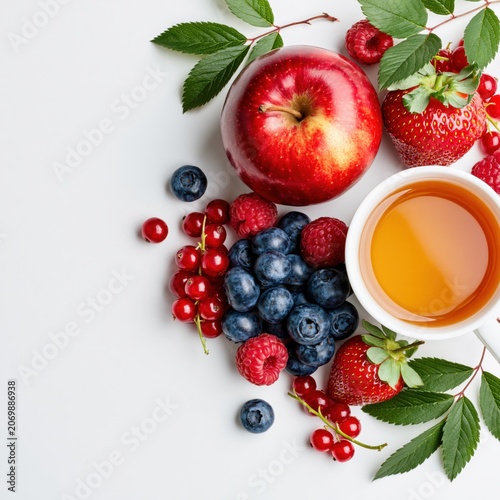 Colorful Fresh Organic Breakfast with Apples, Berries, and Tea - Healthy Diet Snack in Vibrant Food Photography