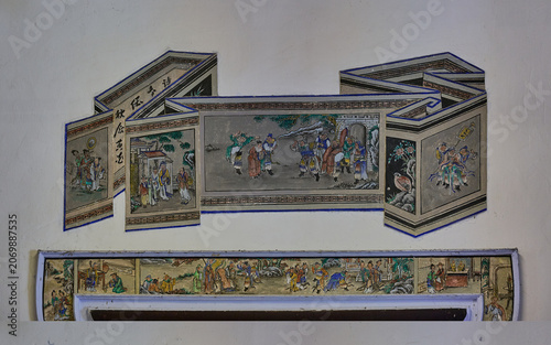 Vintage Chinese Wall Mural Depicting Classical Folklore and Prosperity Symbols
