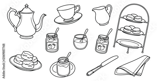 Vintage afternoon tea vector set, hand drawn line art tea party icons, teapot and scones with jam and cream, elegant cafe menu illustrations
