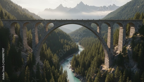 Ancient Mountain Valley Viaduct Crossing a Dramatic River Gorge.