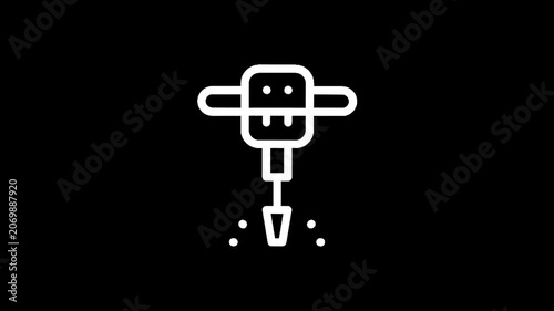 White line icon of a jackhammer breaking concrete on a black background