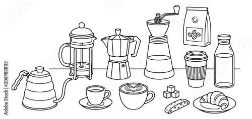 Minimalist coffee brewing equipment line art vector, professional barista tools and cafe accessories set, black and white kitchenware illustrations