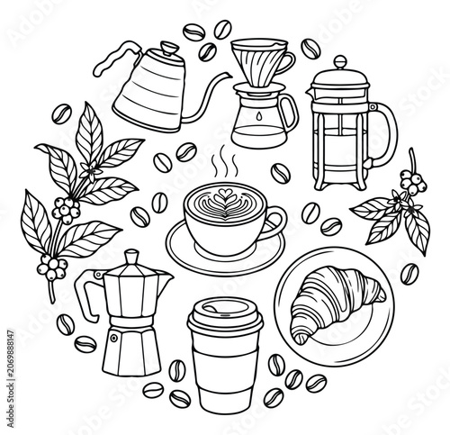 Hand drawn coffee brewing equipment vector set, black and white cafe icons with moka pot and french press, coffee shop doodle elements for menu design