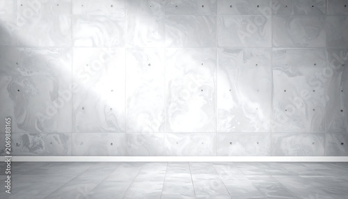 A stark interior showcases a pale stone floor and a textured wall with sunlight illuminating sections