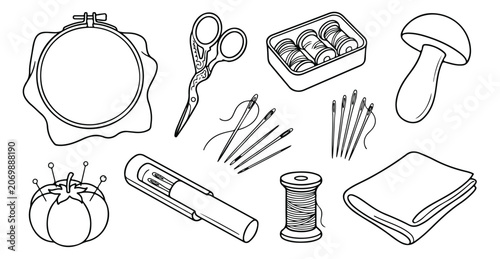 Embroidery and sewing kit line art icons, needlework tools collection with scissors and thread, 10 hand drawn craft elements vector set