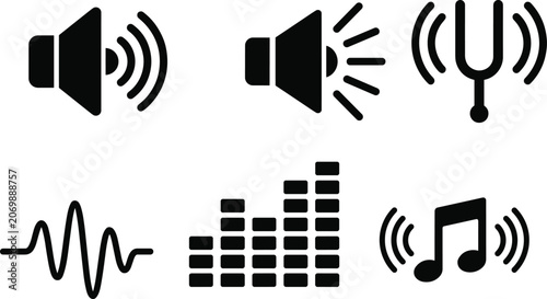 Foto Audio and Sound Icons Set Featuring Speakers Equalizer Waveform Music and Tuning