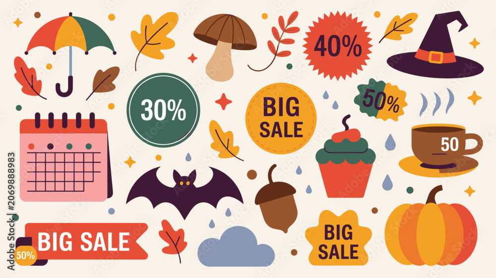 Fototapeta premium Autumn sale icons with colorful leaves, mushrooms, an umbrella, a bat, and big sale discount stickers with prices.