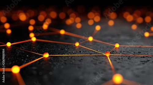 Abstract network of glowing dots connected by glowing lines on a textured surface representing technology, data, connectivity, and digital innovation in dark background