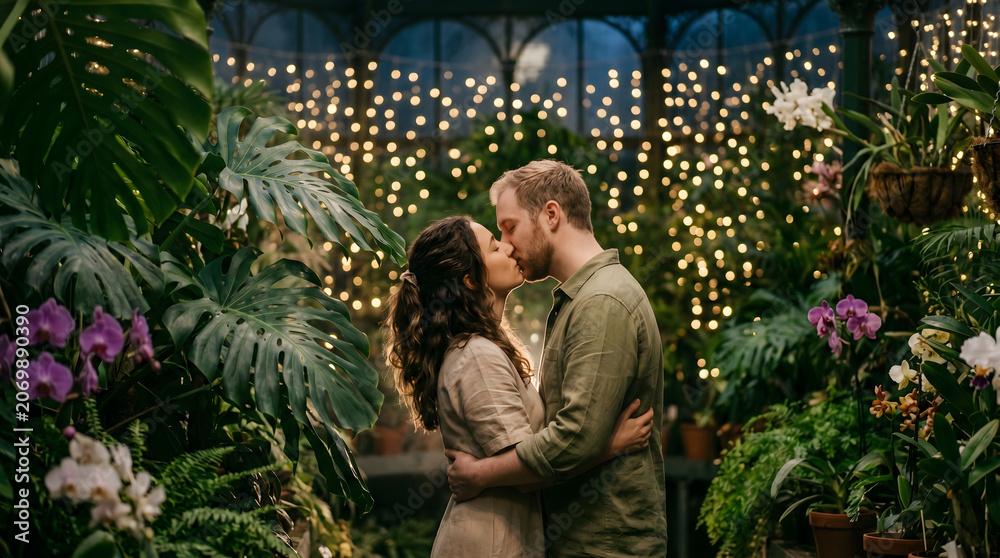 Fototapeta premium Romantic young couple sharing a passionate kiss while embracing in a lush botanical greenhouse surrounded by monstera plants and shimmering fairy lights.
