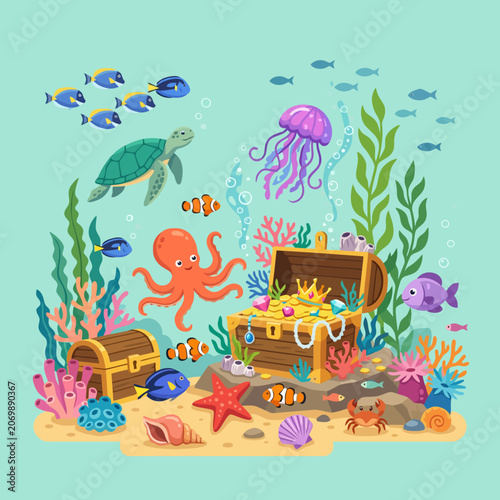 Billede på lærred A vibrant underwater scene featuring diverse marine life and treasures