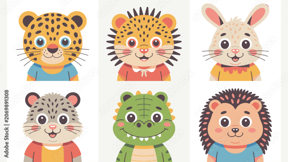 Naklejka premium Set of six adorable cartoon animal faces including a leopard, tiger, rabbit, lynx, crocodile, and hedgehog against a white background.