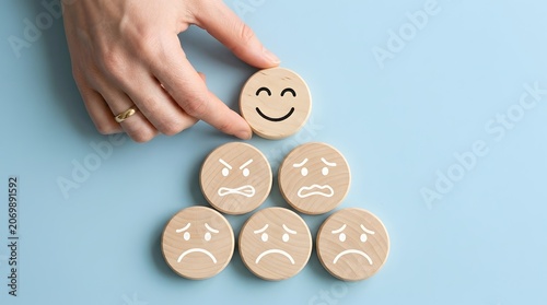 Emotional intelligence concept with wooden blocks, hand choosing happy face over sad icons, mental health and customer satisfaction rating
