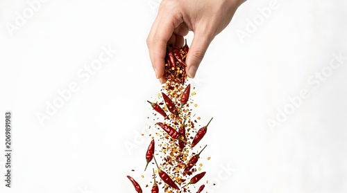 Red chili flakes falling from hand, spicy dried peppers and crushed seeds seasoning, culinary action shot on white background for food packaging