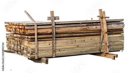 A stack of wooden planks, varying in color and texture, secured by wooden supports. Isolated on white