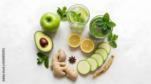 Green detox smoothie with fresh ingredients, healthy vegetable juice and fruit flat lay, organic wellness drink with avocado apple ginger and mint