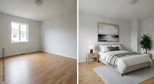 Bright modern bedroom interior design with window and furnished decor
