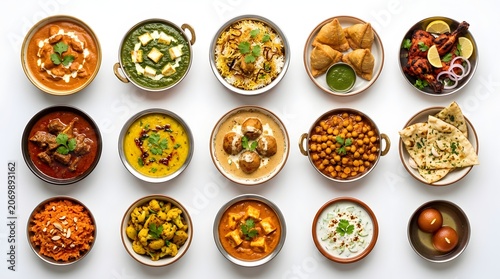 Indian food assortment on white background, traditional cuisine dishes including butter chicken, palak paneer, dal and naan bread, spicy curry variety