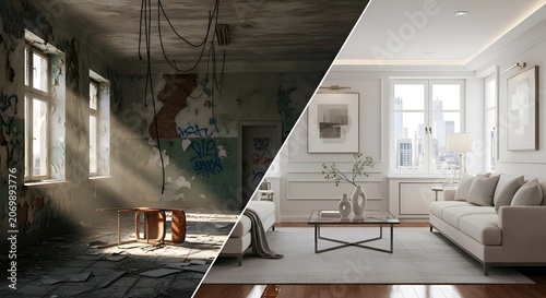 Contrast: Dilapidated Room vs. Modern Living Room, Before-After Concept